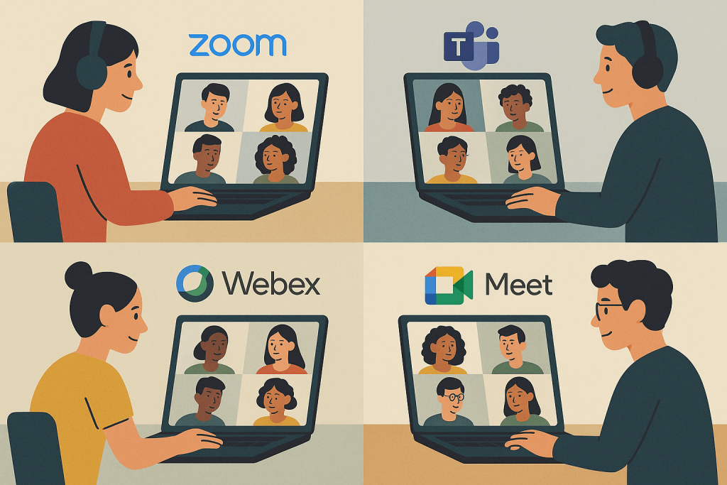 A group of people using online video confrence tools