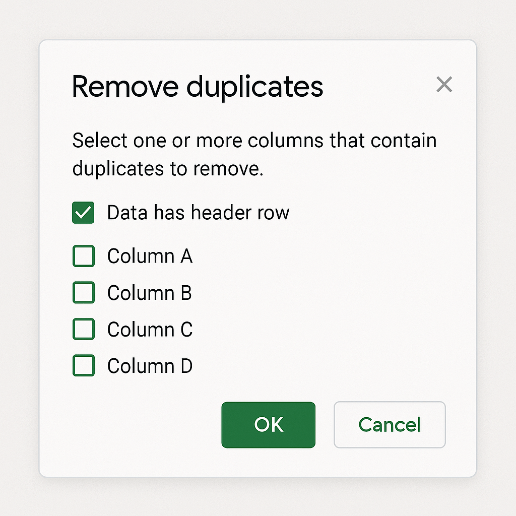 Screenshot of removing duplicates from Gsheets