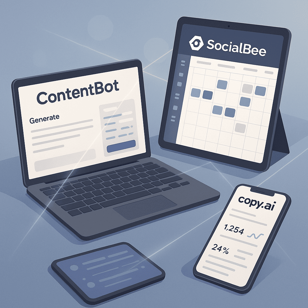 A modern digital workspace showcasing popular AI tools. Laptops, tablets, and phones display interfaces of ContentBot, SocialBee, and Copy.ai with visible features like text generation, scheduling calendars, and analytics dashboards. The tools are labeled with sleek branding, and subtle light beams connect them, highlighting their integration into a cohesive strategy.