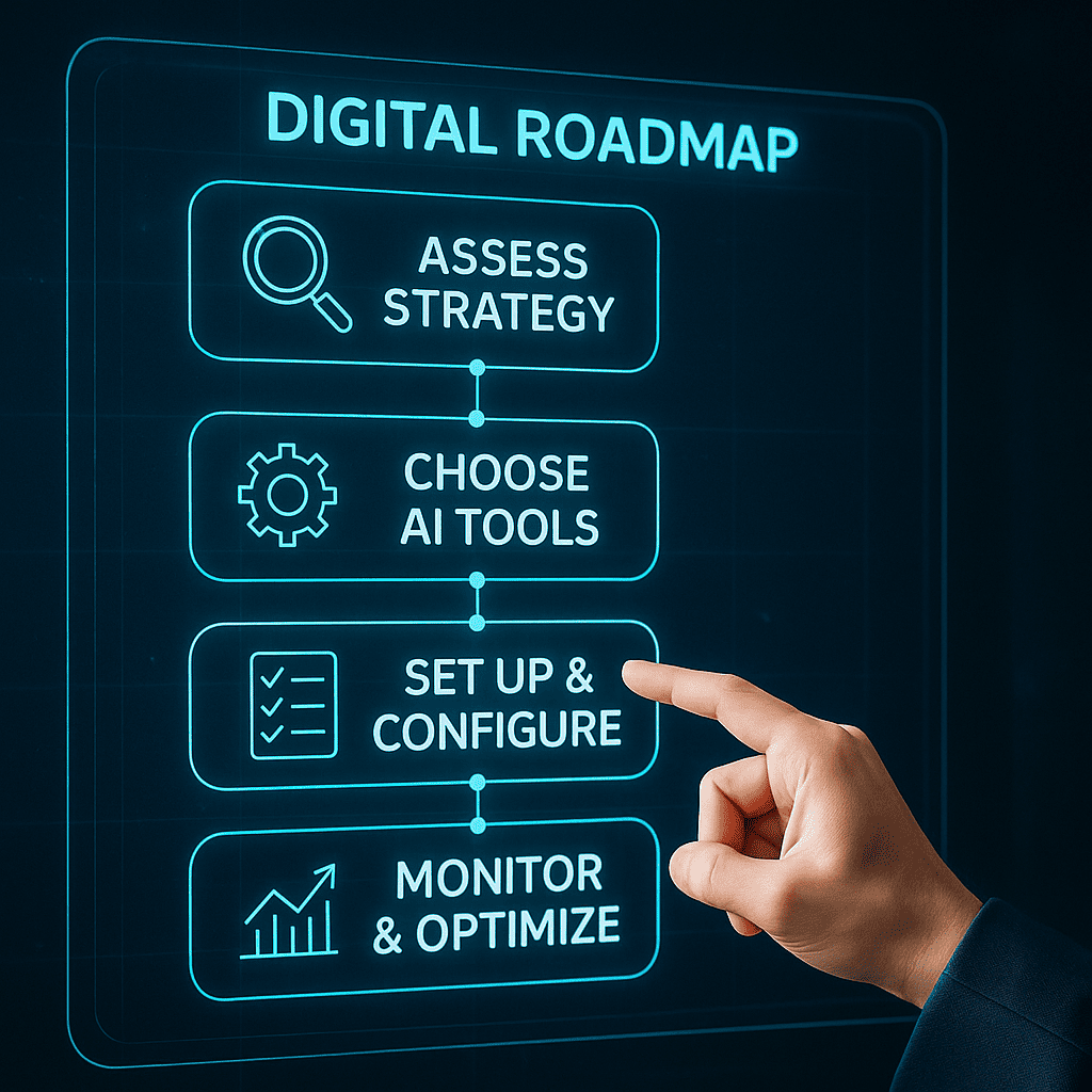 A clear step-by-step digital roadmap displayed on a futuristic screen. Each step—like "Assess Strategy," "Choose AI Tools," "Set Up & Configure," "Monitor & Optimize"—is visually represented with icons (magnifying glass, gear, checklist, graph). A person points at the screen, indicating active planning and decision-making.

