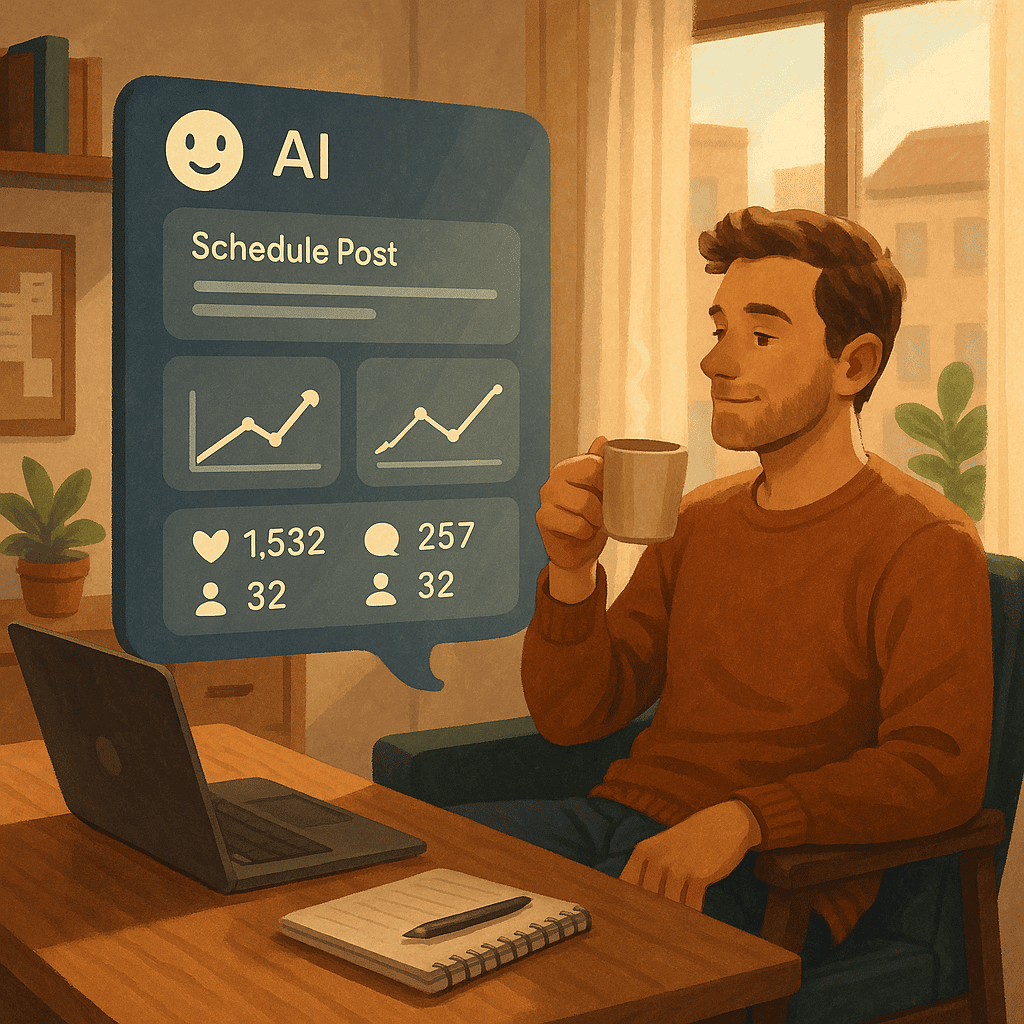A cozy, small business office with a digital assistant (in the form of a floating AI interface) helping a person manage social media tasks. The AI screen shows post scheduling, analytics graphs, and engagement metrics. The human looks relaxed, sipping coffee, symbolizing the time-saving and productivity-enhancing benefits of AI.

