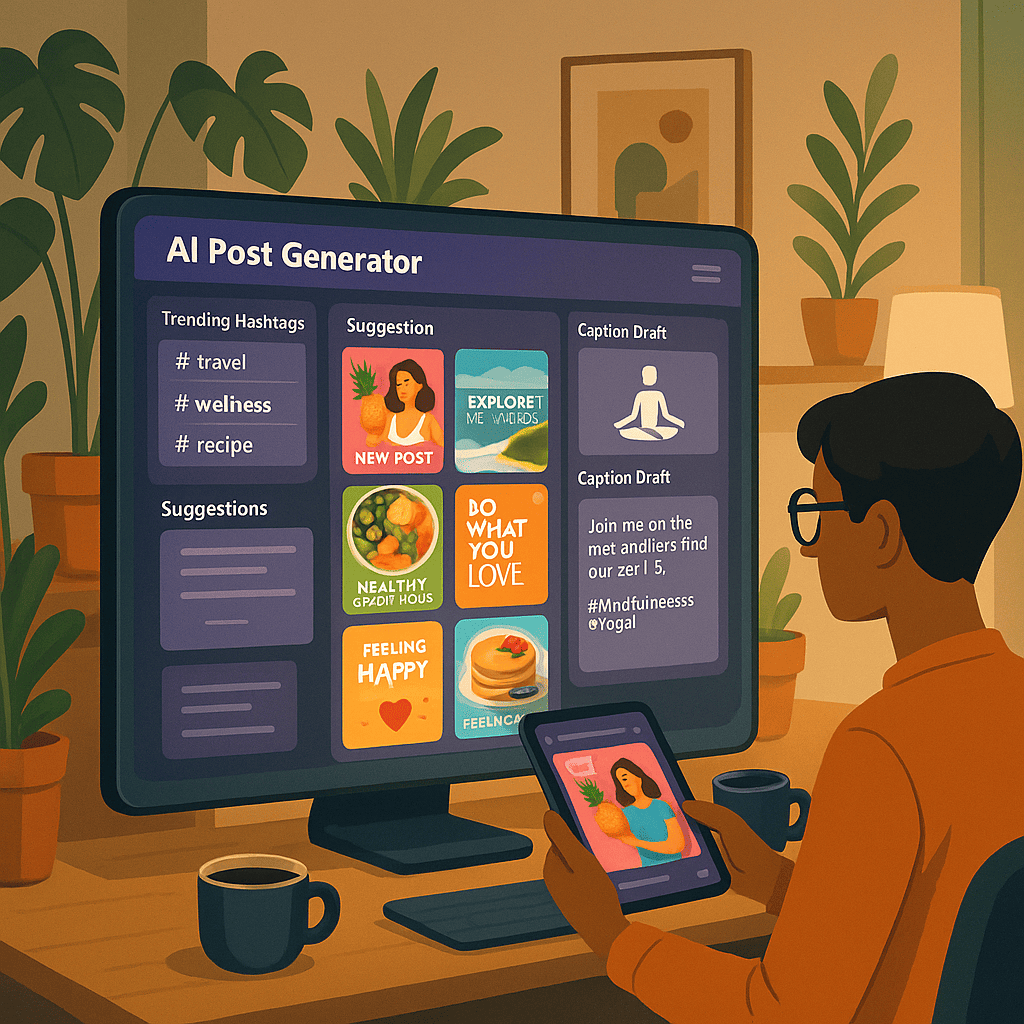 A futuristic computer screen displaying an AI post generator interface, filled with vibrant Instagram templates and suggestions. The scene features a stylish home office with plants and decor, a person (gender-neutral) using a sleek tablet while sipping coffee. The AI interface highlights trending hashtags, image suggestions, and caption drafts. The setting combines modern technology with cozy aesthetics.