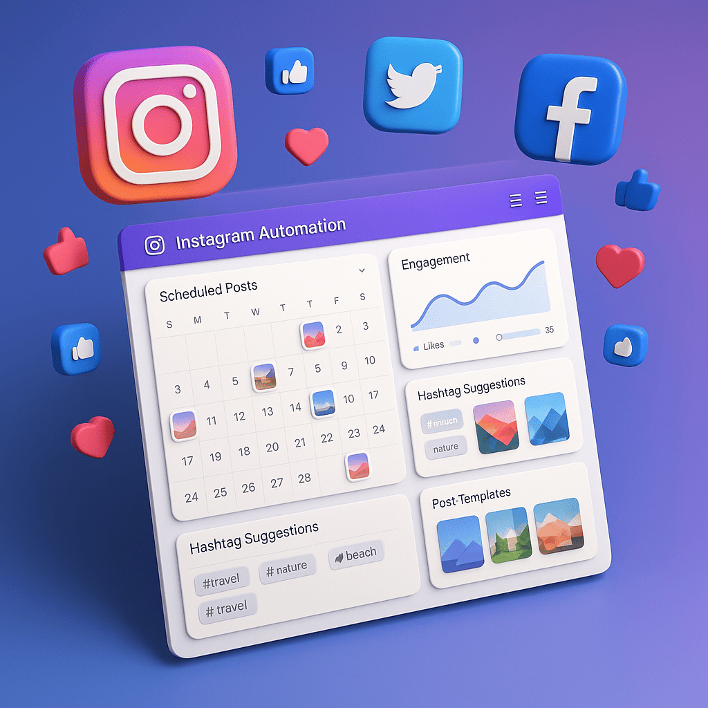 A visually stunning 3D-rendered dashboard showcasing an Instagram automation tool. The interface displays a calendar filled with scheduled posts, graphs tracking engagement metrics, and sections for hashtag suggestions and post templates. The background includes floating social media icons like Instagram, Twitter, and Facebook, symbolizing multi-platform support.