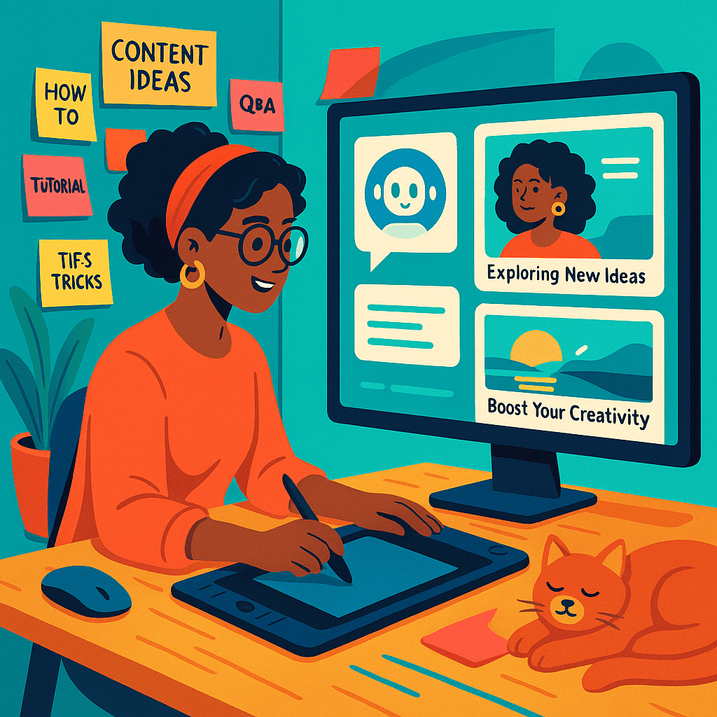 A stylish workspace featuring a designer or influencer brainstorming with AI assistance. The scene includes sticky notes with content ideas, a large monitor displaying AI-generated captions and images, and a digital drawing pad. A cat lounging nearby adds a playful touch. The color scheme is vibrant and modern, symbolizing creativity and tech.