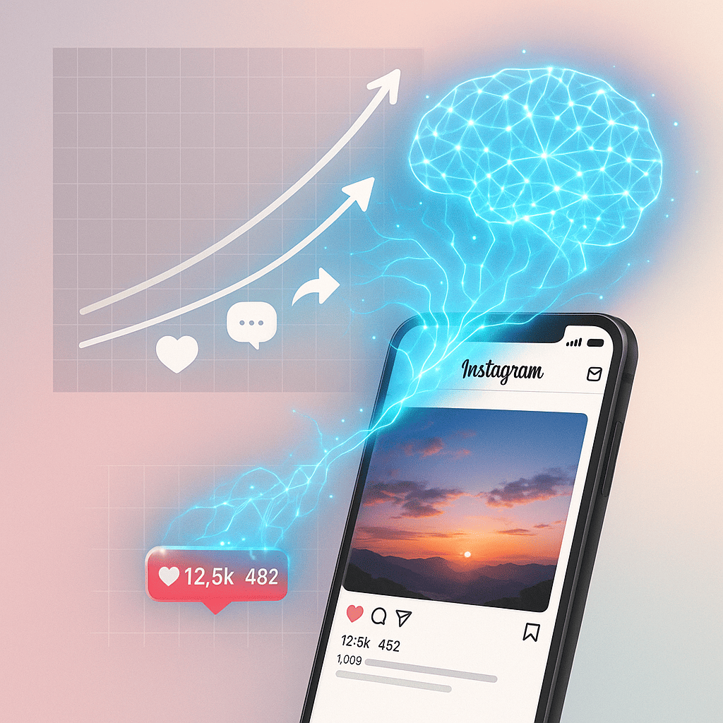 A digital graph showing dramatic growth in Instagram engagement metrics—likes, comments, shares—superimposed over a mobile phone displaying a captivating Instagram post. The AI engine, represented as a glowing neural network, extends from the phone, symbolizing its role in boosting interaction and reach. The background is clean, with soft pastel gradients.