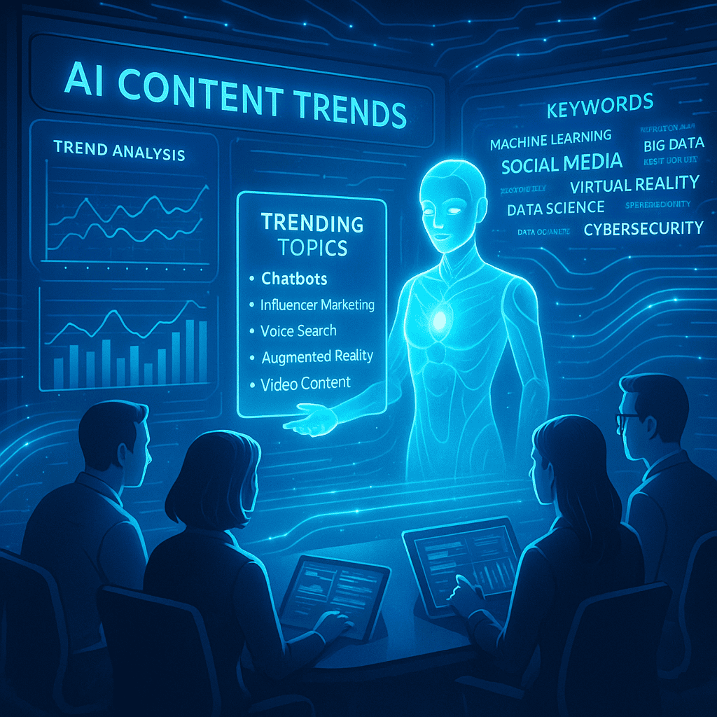 A modern marketing office scene with a laptop screen displaying a ContentBot-style AI platform generating a blog post automatically. The background shows stacks of papers fading into digital text streams, representing the shift from manual work to AI-powered automation. The atmosphere is clean, vibrant, and energetic.