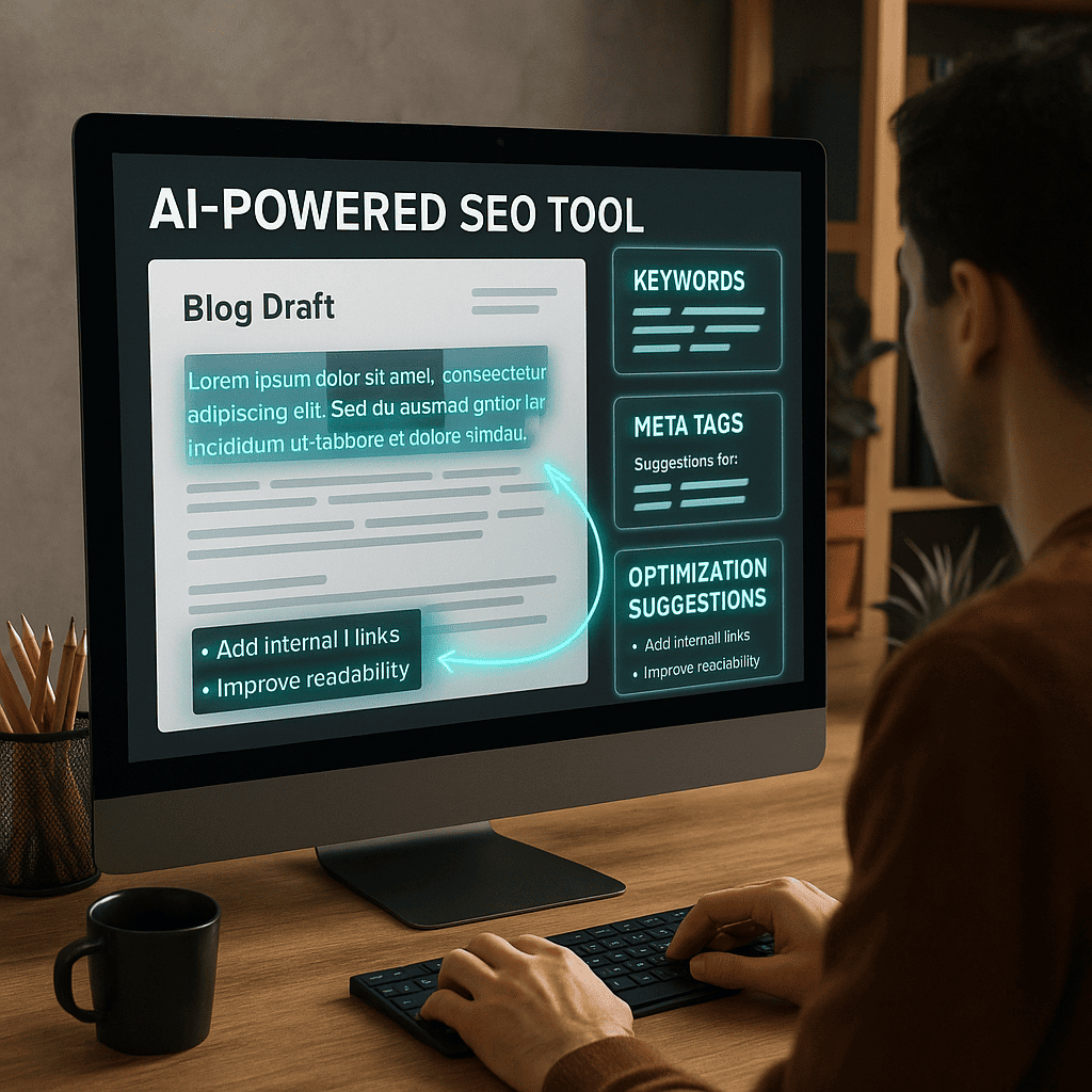A creative workspace where an AI-powered SEO tool (like MarketMuse) is analyzing a blog draft. Keywords, meta tags, and optimization suggestions float as digital overlays on the screen. A marketer is seen implementing suggestions while AI visual cues (glowing text and arrows) highlight optimized sections.