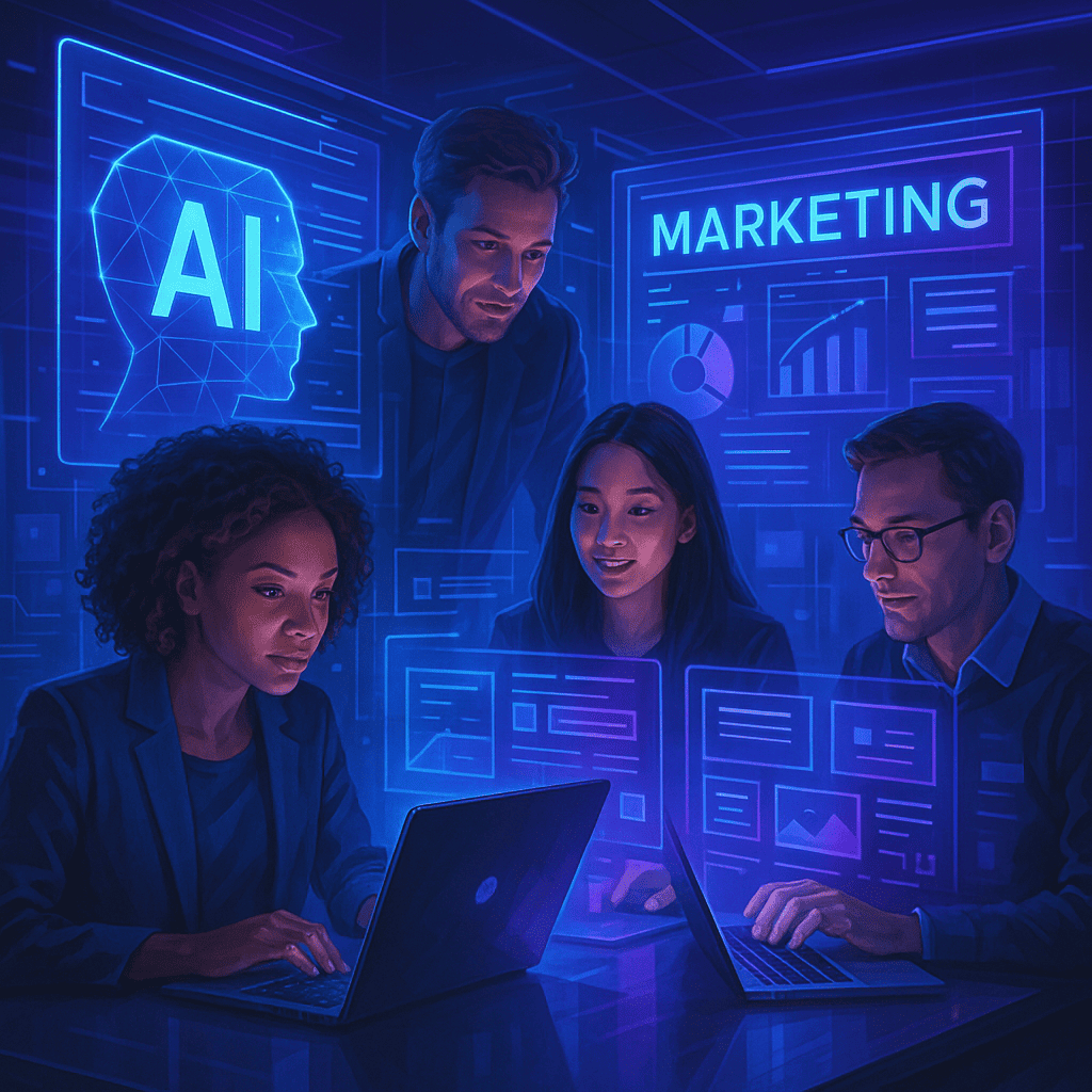 An AI-powered digital workspace with a sleek futuristic design: a group of diverse marketing team members working seamlessly alongside holographic displays and AI-generated content flowing across virtual screens. The scene is illuminated with dynamic blue and purple neon lights, highlighting the advanced technology and efficiency. The setting conveys a modern, innovative atmosphere with a touch of human creativity blending with AI precision.