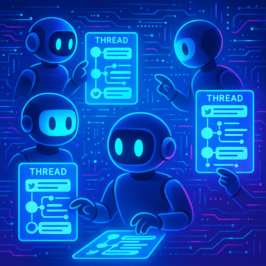 A vibrant and dynamic digital illustration showing multiple virtual AI assistants collaboratively drafting Twitter threads on futuristic touchscreens. Each assistant displays a thread in progress, with snippets of text and connected nodes representing tweet links. The background features floating data streams and glowing algorithms in a sleek, modern style.