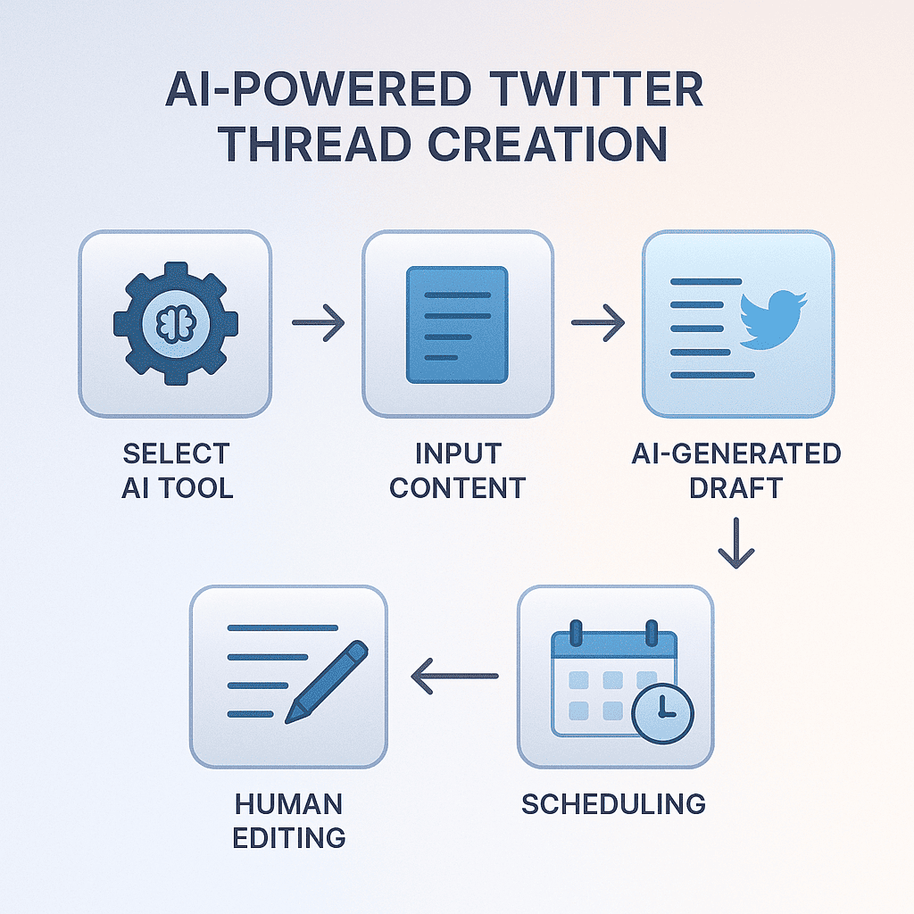 A stepwise infographic-like digital scene depicting the entire AI-powered Twitter thread creation process: selecting an AI tool, inputting content, AI-generated draft, human editing, and scheduling. Each step is visualized with icons, arrows, and minimalistic text descriptions, all connected in a clean, tech-inspired layout with soft gradients.