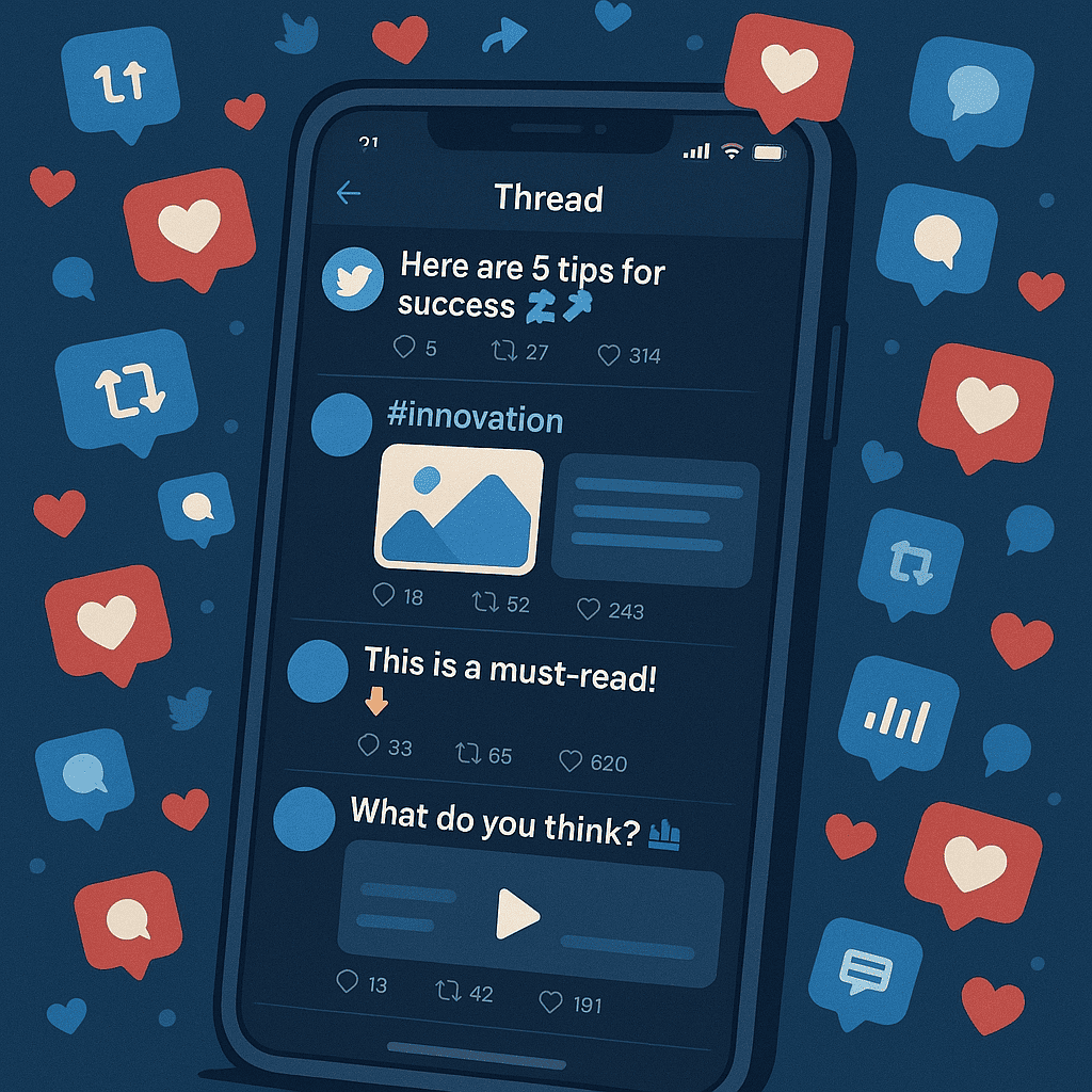 A detailed digital scene of a Twitter thread on a large smartphone screen, displaying a series of tweets with eye-catching hooks, hashtags, and multimedia elements (images and videos). The background is filled with likes, retweets, and comments icons floating around, representing high engagement and reach.