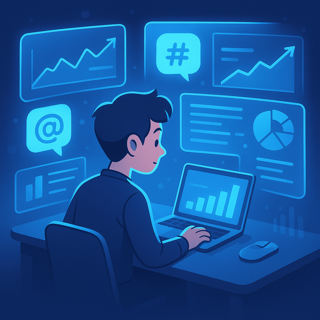 An animated-style illustration showing a person (or avatar) sitting at a sleek desk surrounded by holographic hashtags, mentions, and performance metrics like graphs and charts. The AI-generated content flows across multiple screens, emphasizing analysis and optimization strategies for advanced Twitter thread engagement.