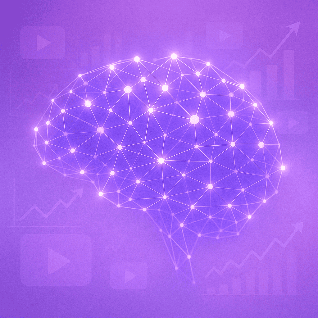 A stylized concept of a brain-shaped AI network composed of luminous violet and lavender nodes connected by glowing lines, resembling a digital neural network. Behind the brain, there’s a subtle background of upward-trending graphs and video icons representing video performance and trend analysis. The entire composition is immersed in a dreamy lavender haze, giving a sense of innovation and creativity.