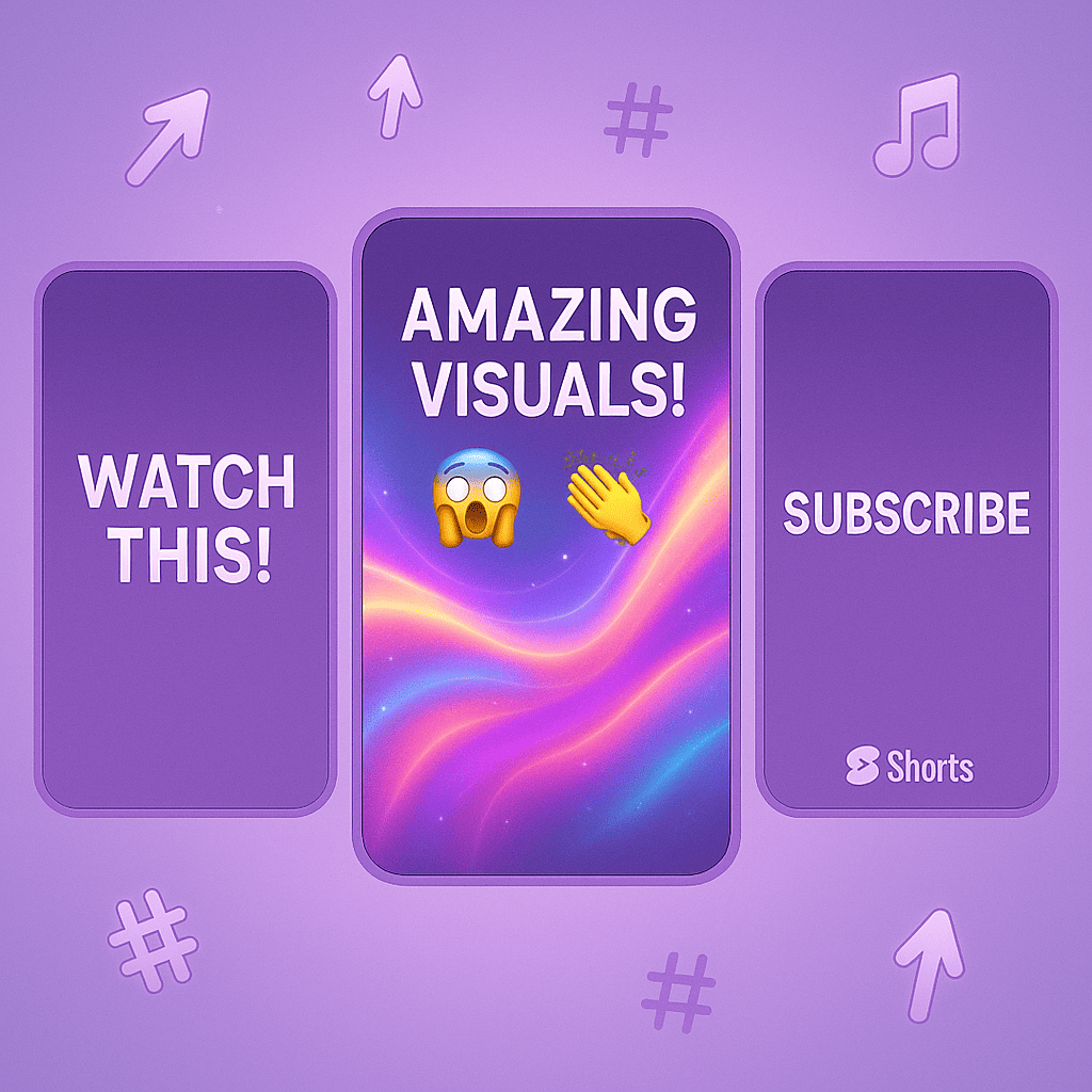 An animated storyboard of a YouTube Short with sequential frames showing a captivating idea: the first frame has a hook, the second shows vibrant visuals with on-screen text and emojis, and the third highlights a call-to-action. The storyboard is displayed in a sleek lavender-purple color palette, with subtle gradients and glow effects. Around the storyboard are floating hashtags, sound icons, and trending arrow symbols, suggesting engagement and viral potential.
