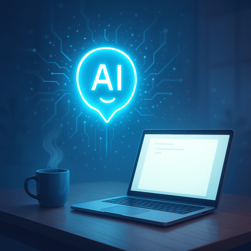 A sleek and modern digital workspace featuring a glowing AI assistant hovering above a writer’s desk, radiating light and inspiration. The desk is clutter-free with a laptop showing a blank document and a steaming coffee mug. The background is softly blurred with subtle glowing circuits and digital particles symbolizing AI integration. The color palette is a mix of calming blues and bright neon to suggest technological brilliance and creativity. The scene evokes a sense of clarity, focus, and overcoming writer’s block with AI assistance.