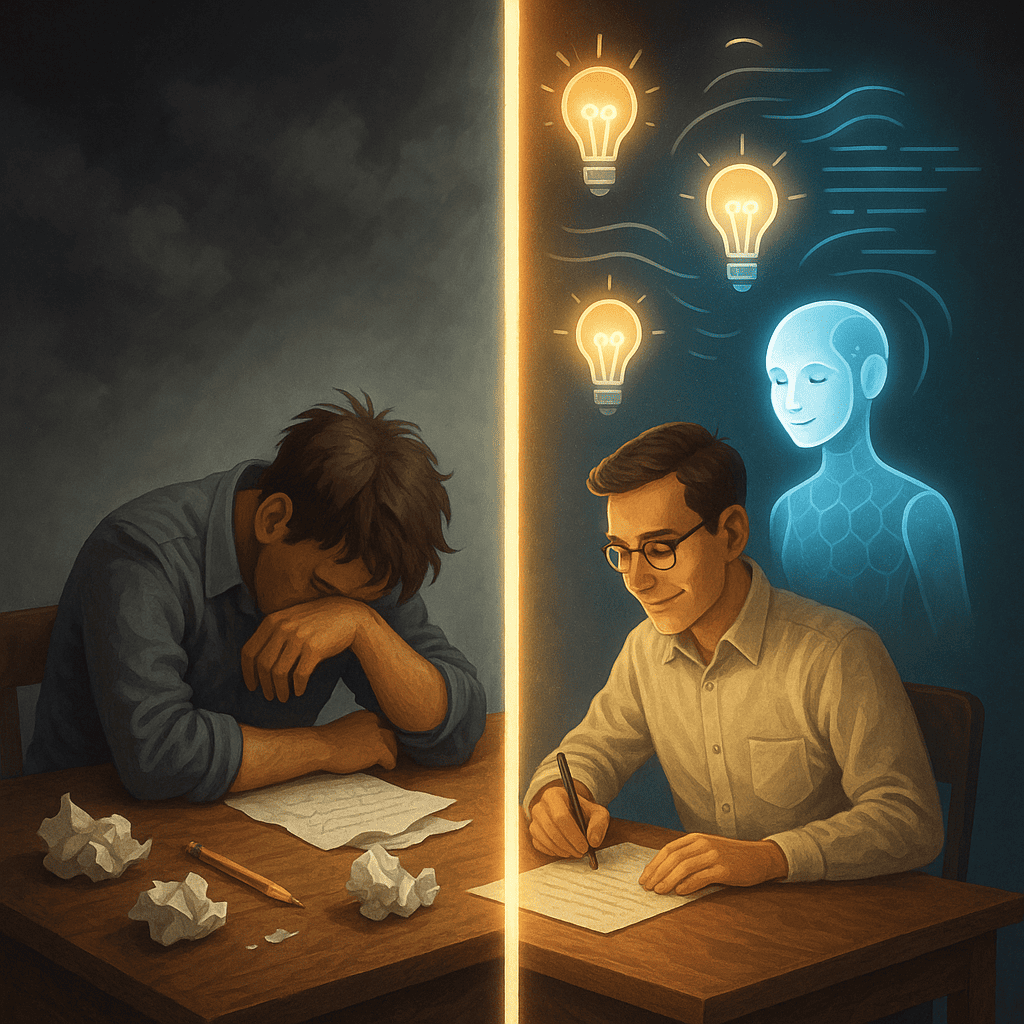 An imaginative split-screen scene where the left side shows a frustrated writer slumped over a cluttered desk with crumpled papers, a broken pencil, and a dark, cloudy background. On the right side, a calm writer is at a clean desk illuminated by a glowing AI assistant in holographic form, generating ideas represented as lightbulbs and flowing text. The transition between the two sides is marked by a bright line symbolizing a breakthrough moment.