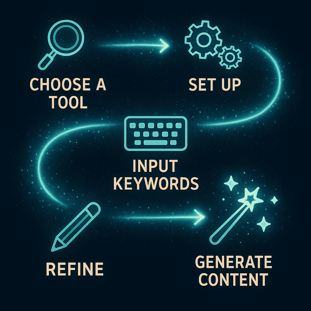 A creative infographic-style image showing a step-by-step process of using AI tools for writing. The steps include choosing a tool, setting it up, inputting keywords, generating content, and refining it. Each step is represented by a simple icon: a magnifying glass for research, gears for setup, a keyboard for input, a magic wand for content generation, and a pencil for editing. The steps are linked by an arrowed path glowing with digital effects.