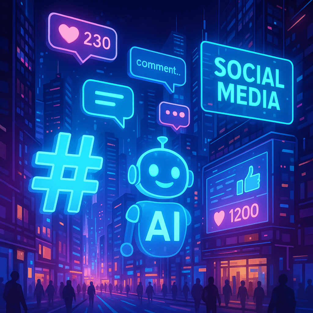 A captivating wide-angle digital artwork of a futuristic cityscape filled with holographic social media elements: glowing hashtags, floating captions, AI bots, and digital billboards displaying social media metrics. The scene should be a blend of modern urban architecture and digital overlays, showcasing the transformative impact of AI on social media. The mood should be energetic and forward-looking, symbolizing innovation and engagement.