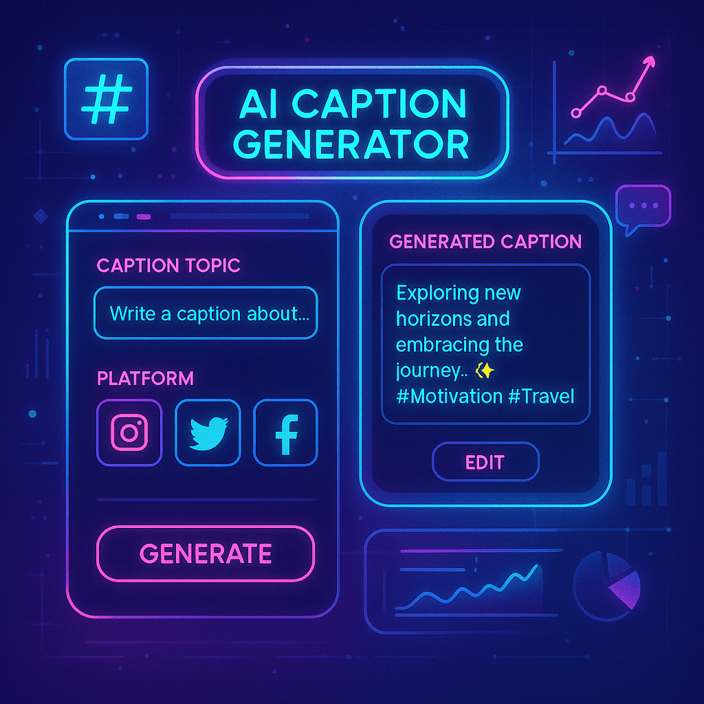 A futuristic, vibrant user interface of an AI-powered social media caption generator, featuring a sleek dashboard with input fields, generated captions, platform selection options (Instagram, Twitter, Facebook), and an editing panel. Neon digital accents, holographic screens, and a modern, clean aesthetic. Background showing digital marketing icons like hashtags, analytics graphs, and speech bubbles.