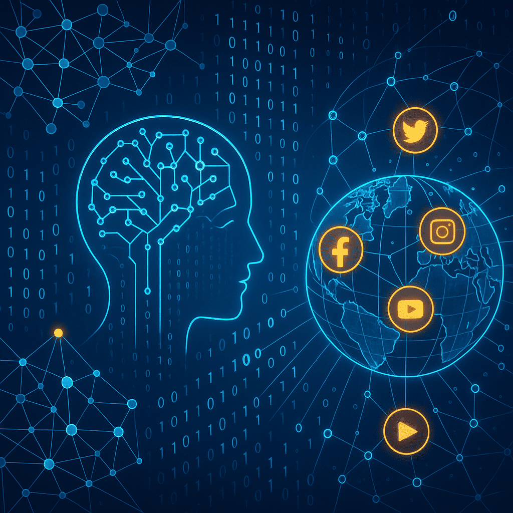 A professional social media manager (diverse representation) working on a laptop with an AI tool open, reviewing and editing generated captions. The screen displays a list of captions with checkmarks and customization options. The background features mood boards, sticky notes, and branding elements to reflect creativity and brand voice.