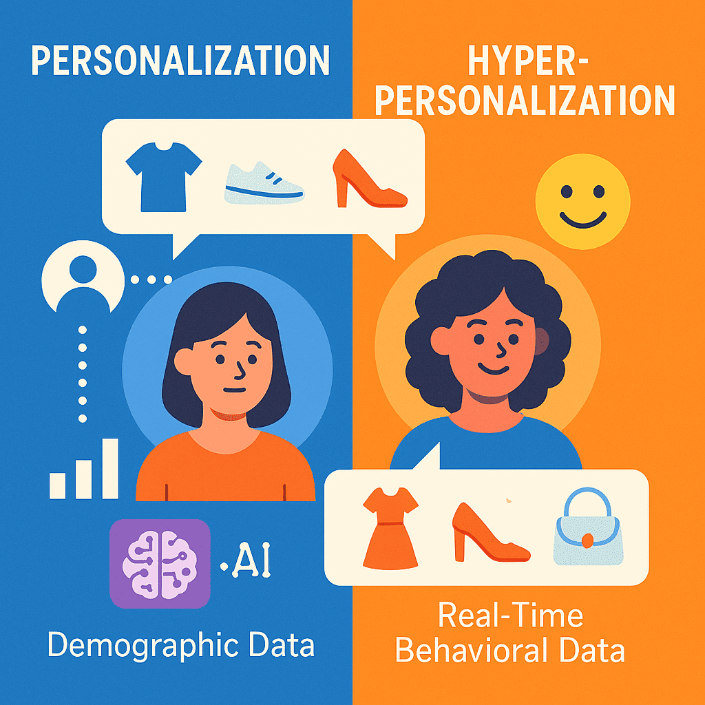 A split-screen infographic-style image. On the left, depict a “Personalization” side showing a user receiving general product recommendations based on demographic data. On the right, show “Hyper-Personalization” with AI analyzing real-time behavioral data, suggesting products based on mood and preferences. Include icons for data analytics, AI brain, and user-centric designs with vibrant, contrasting colors.
