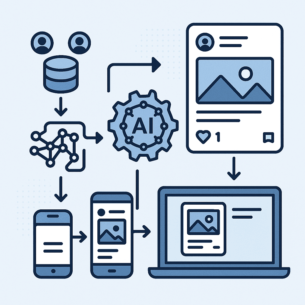 A sleek, modern illustration of an AI content creation and delivery pipeline. Include elements such as data collection (represented by user icons and databases), AI algorithm processing (depicted as gears or neural networks), personalized content generation (showing tailored social media posts), and automated distribution (visualized as multiple devices like phones, tablets).