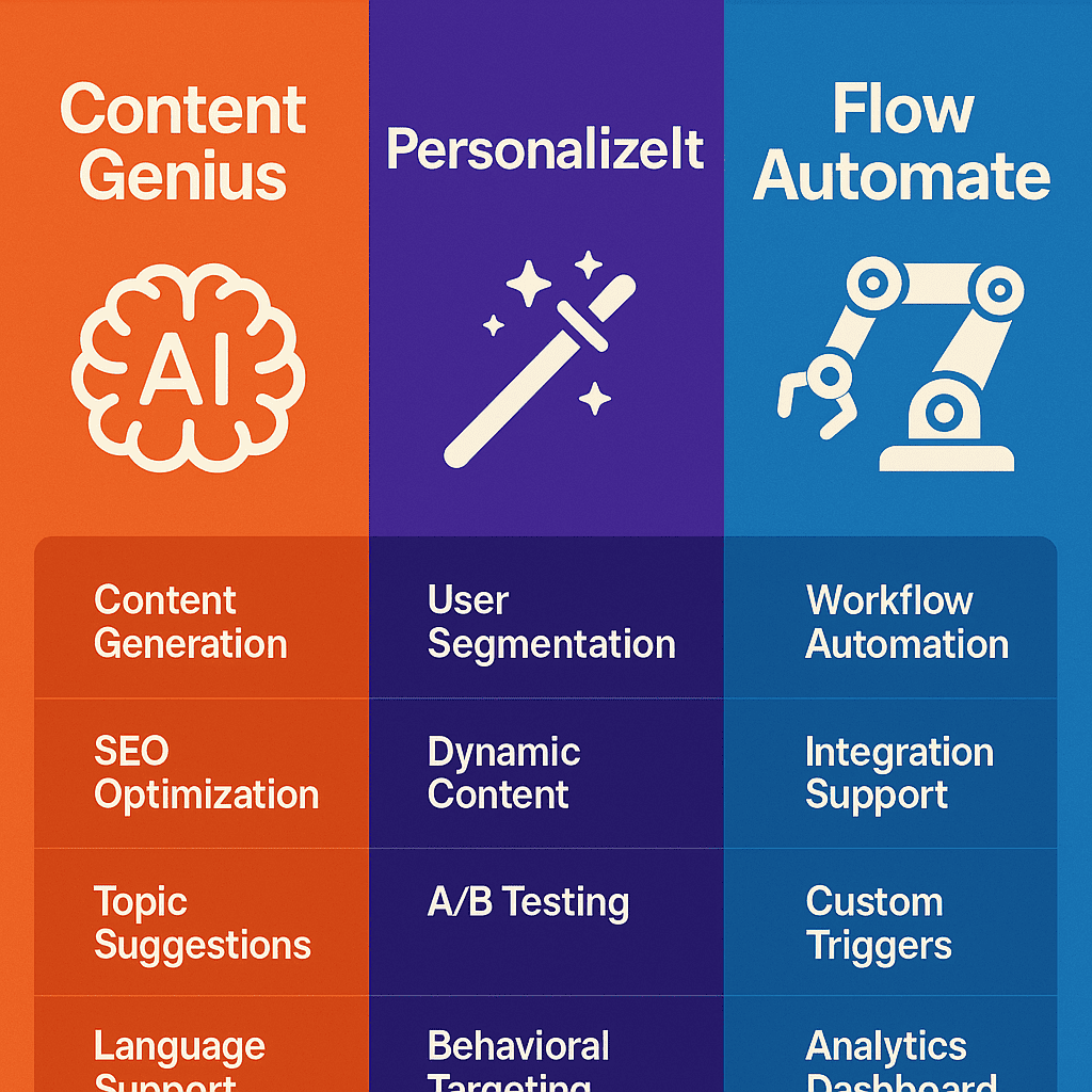 An eye-catching comparison chart or graphic featuring three key AI tools: ContentGenius, PersonalizeIt, and FlowAutomate. Use stylized icons representing each tool (e.g., AI brain for ContentGenius, a magic wand for PersonalizeIt, and a robotic arm for FlowAutomate). Highlight key features in a visually engaging layout with bold typography and vibrant color blocks.