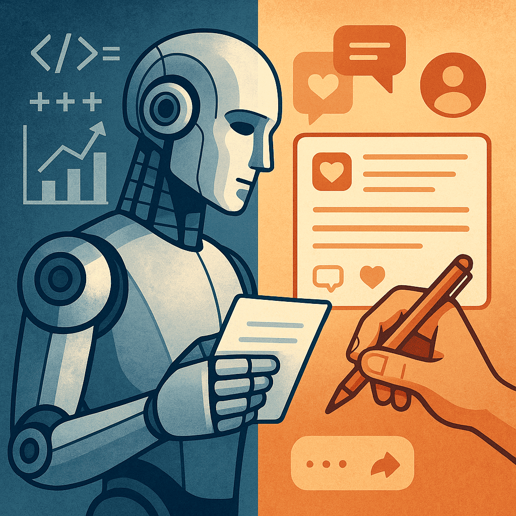 A conceptual illustration showing a humanoid robot and a human hand working together to craft social media content. The robot handles data and analytics on one side (represented with code and charts), while the human side is writing a post or engaging with followers on the other. Use warm, human-centric tones on one side and cool, metallic hues on the AI side, blending seamlessly in the middle.