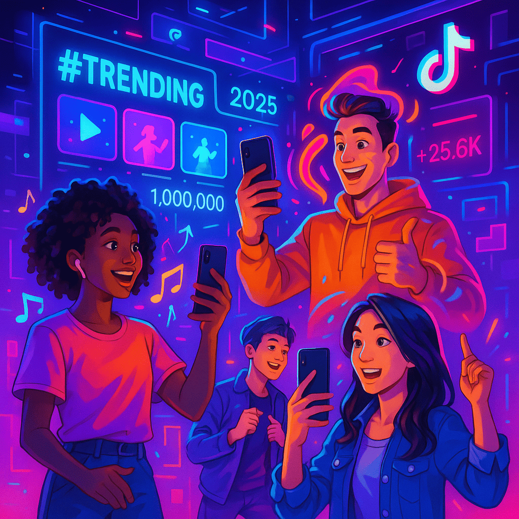 A vibrant, futuristic scene depicting a diverse group of young creators using smartphones to create TikTok videos in 2025. The environment includes neon colors, holographic interface elements, and AR effects. In the background, large digital screens display trending hashtags, viral video clips, and rising follower counts. The mood is dynamic and energetic, with futuristic TikTok branding subtly integrated.