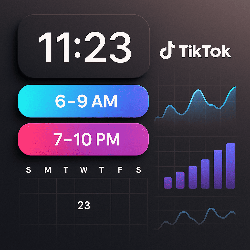 A stylish visual of a digital clock interface overlaid on a TikTok-themed calendar. Highlight time slots such as "6–9 AM" and "7–10 PM" with vibrant accents. Incorporate user activity graphs and TikTok analytics charts in the background to show engagement spikes. Keep the design modern, with smooth gradients and minimalistic elements.