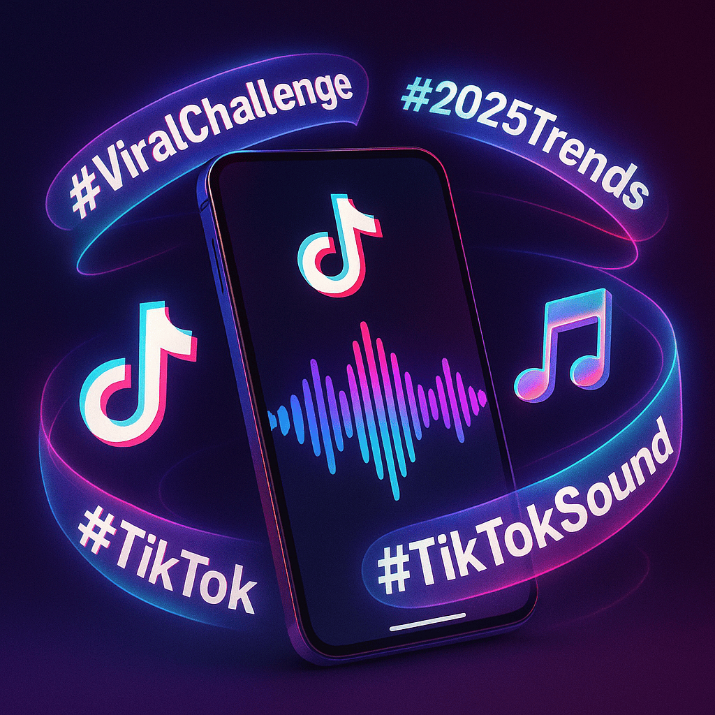 An artistic visualization of a TikTok soundwave and floating hashtags (#ViralChallenge, #2025Trends, etc.) swirling around a smartphone screen. Include popular icons like the music note and TikTok logo, with bright gradients and holographic effects. The smartphone can display an active TikTok video with the trending audio playing.