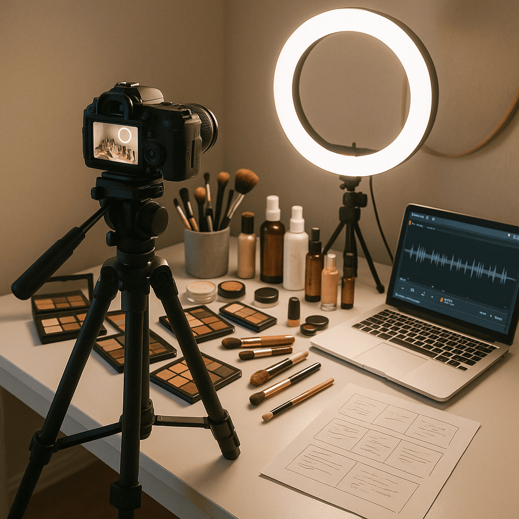 A content creator’s filming space, showing a tripod-mounted camera pointed at a vanity table filled with makeup palettes, brushes, and skincare bottles. The scene includes a laptop displaying recording software, soft ring light illuminating the area, and a handwritten script or storyboard lying nearby. The atmosphere conveys preparation and creativity, with a hint of organized chaos.