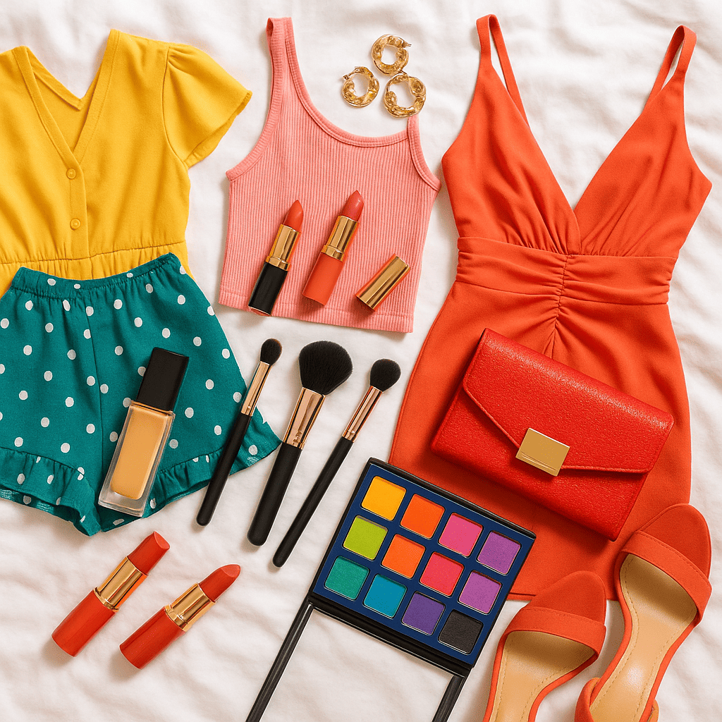 A stylish flat lay of makeup products including a vibrant eyeshadow palette, foundation, lipsticks, and brushes, alongside a selection of fashionable outfits laid out on a bed. Include accessories like statement earrings, a clutch purse, and a pair of stylish heels. The colors are lively, evoking a sense of fun and anticipation.