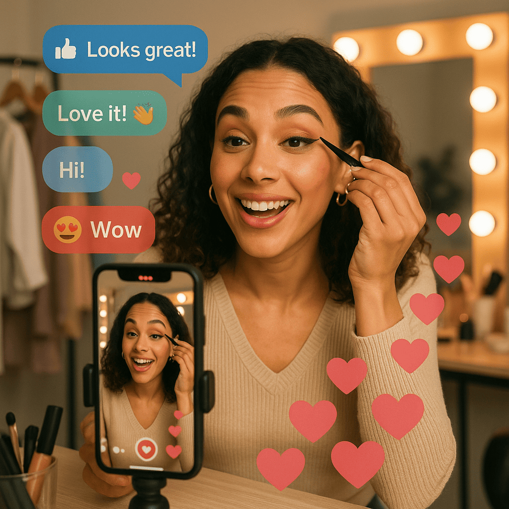 A lively scene where an influencer is chatting to the camera while applying eyeliner, with a smartphone on a stand showing a live stream. Viewer comments are floating around as text bubbles with emojis and hearts. The background shows a chic dressing room with a large mirror framed by lights, capturing the connection between influencer and audience.