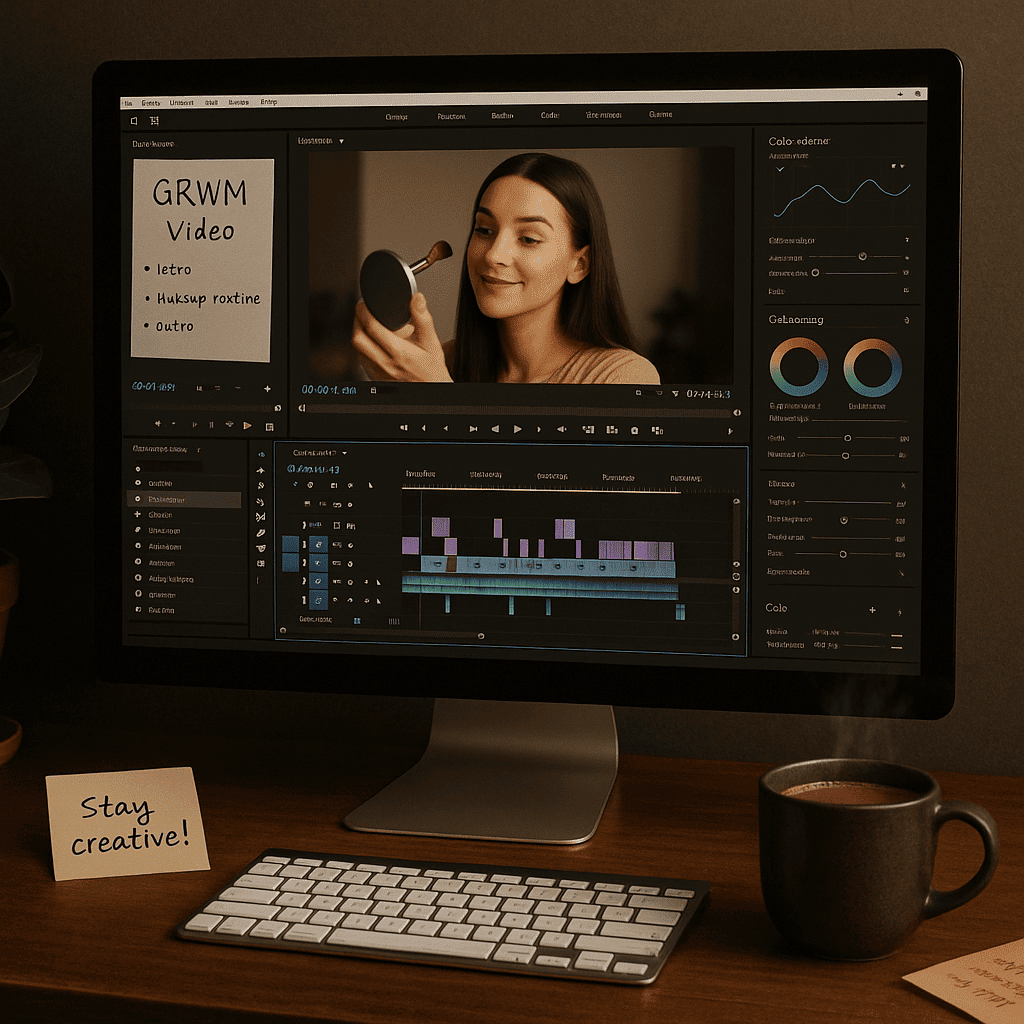 A computer screen showing a sophisticated video editing software interface, with clips of a GRWM video being edited. Keyframes, transitions, and color grading panels are visible. Around the workstation are aesthetic notes, a steaming cup of coffee, and sticky notes with ideas. The vibe is focused and creative, representing the post-production phase of content creation.