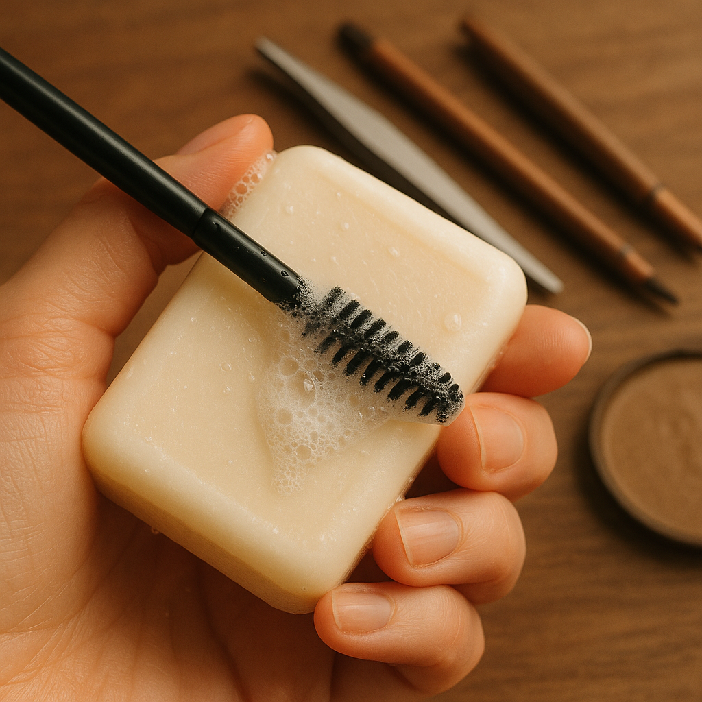 A close-up of a hand holding a spoolie brush and a soap bar. The spoolie is being rubbed against the soap, with a few water droplets visible. The focus is on the texture of the soap lather forming on the spoolie. In the background, there’s a neatly arranged brow kit with tweezers and brow pencils. Soft, warm lighting enhances the texture details.