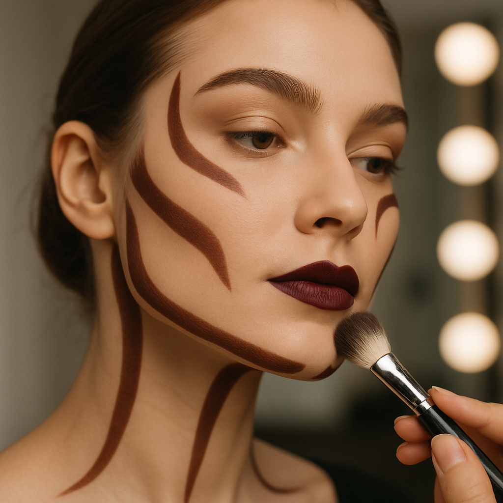 A model’s face in close-up, with dark lipstick applied along the cheekbone, jawline, and nose in contour-like shapes. A blending brush is captured mid-motion, blending the lipstick into a soft contour. The model’s expression is calm and focused. The background is a blurred out vanity mirror, making the contour technique the star.