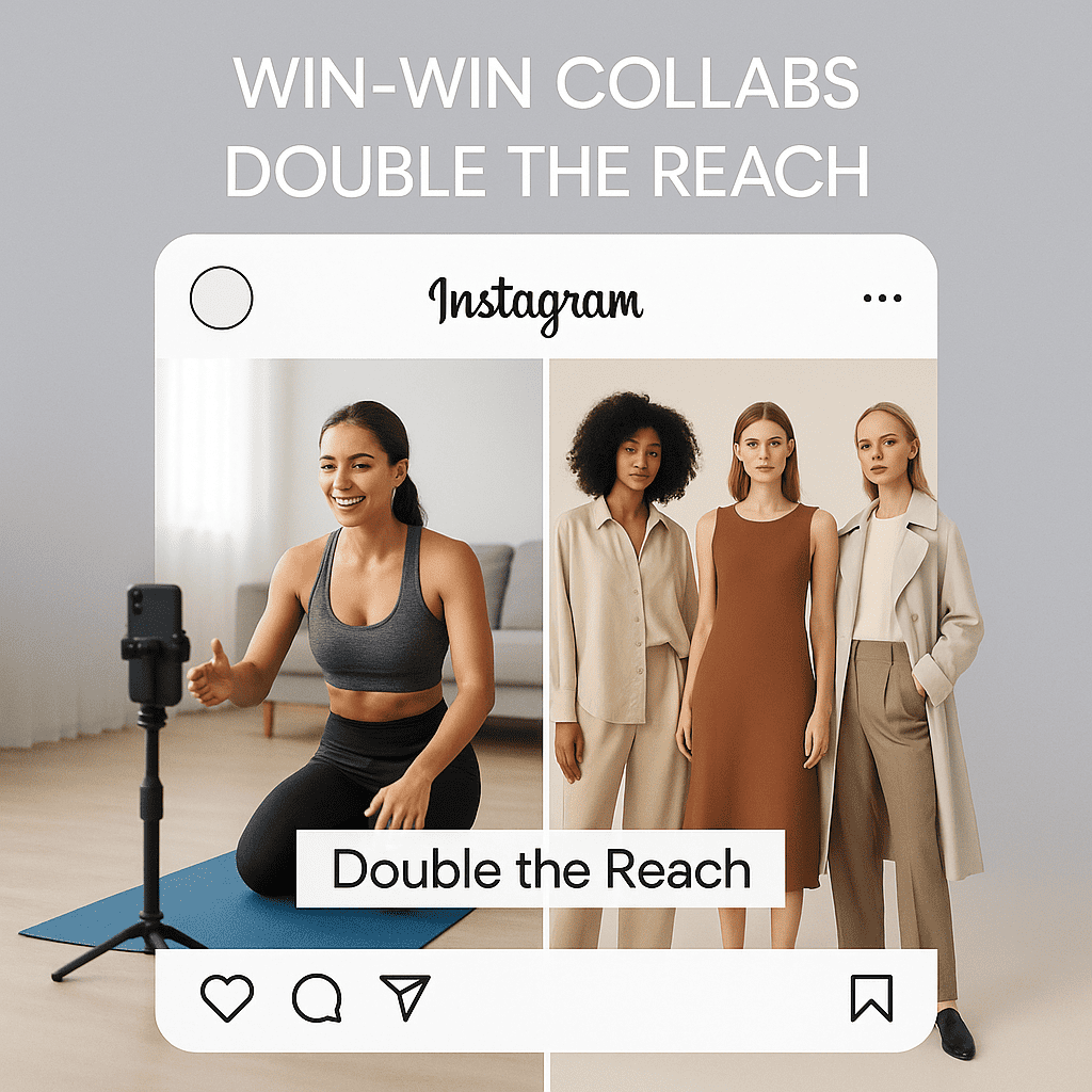 An engaging split-screen image. On one side, a fitness influencer creates a workout video; on the other, a fashion brand showcases their latest collection. The Instagram layout overlays both images, emphasizing the shared post concept. Include text callouts like "Win-Win Collabs" or "Double the Reach" in a sleek, modern font.
