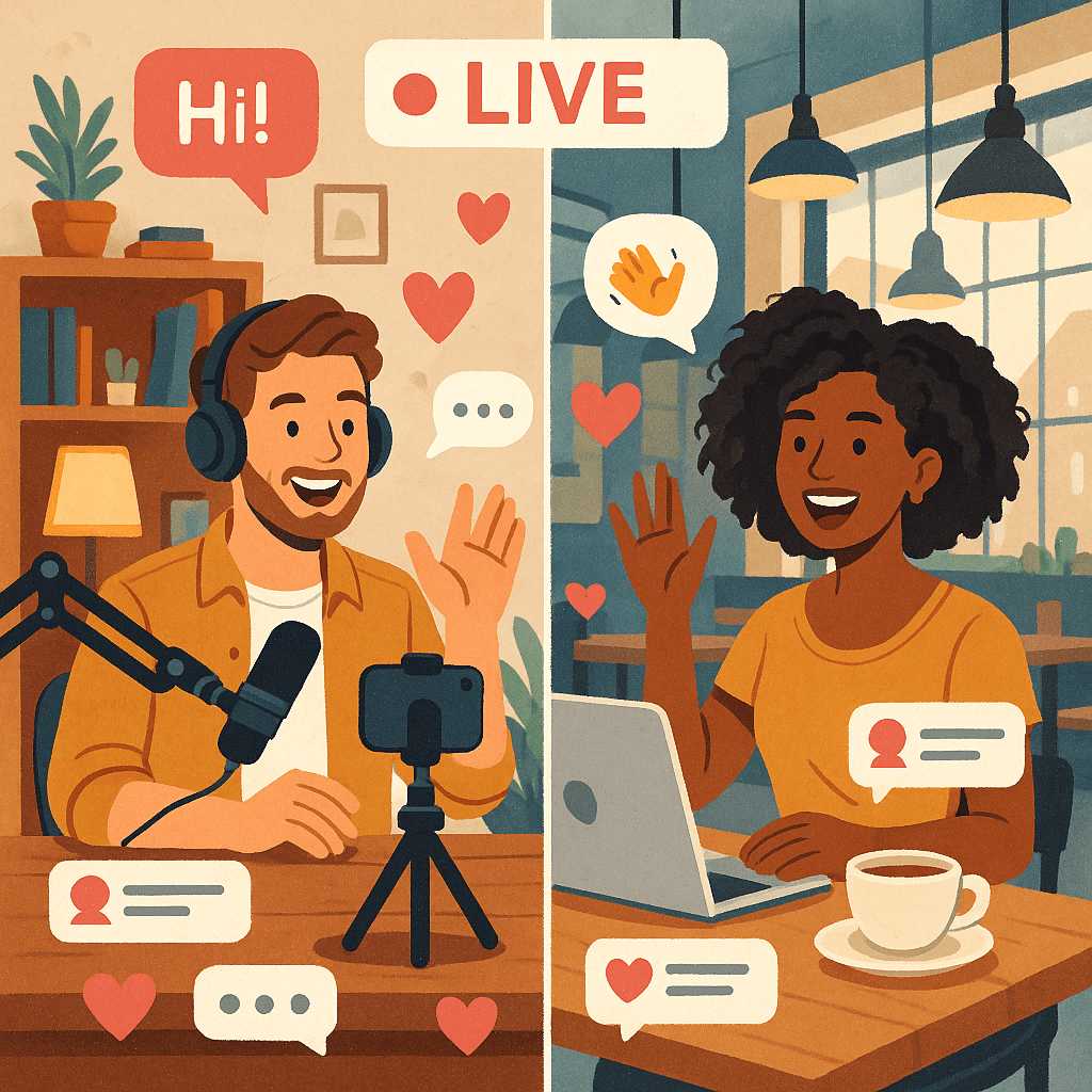 A lively illustration or staged photo of two content creators in different locations engaging in a joint Instagram Live session. The scene shows one creator with a backdrop of a cozy home studio, while the other is in a trendy café. Speech bubbles, hearts, and comment notifications float around them to convey real-time interaction and engagement.