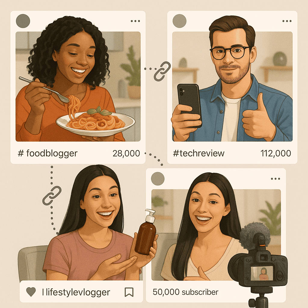 A carousel-style mockup showing diverse micro-influencers (such as a food blogger, a tech reviewer, and a lifestyle vlogger) each showcasing a product or service in a visually appealing post. Connect each with dotted lines or digital link symbols, suggesting a network of collaborations. Include follower stats or hashtags in a sleek overlay.