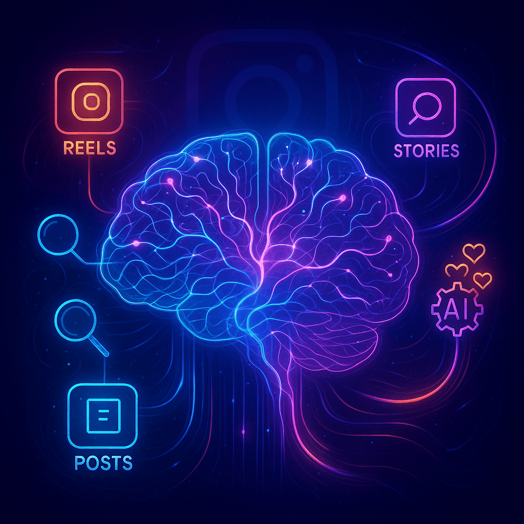 A futuristic and conceptual illustration depicting the Instagram algorithm as an abstract digital brain or neural network. Show connections forming between different types of content (Reels, Stories, Posts) represented as nodes or data points. Use flowing data streams, light trails, and algorithmic symbols (like magnifying glasses, AI gears, and engagement icons) to indicate analysis and prioritization. A subtle Instagram logo could be integrated into the design.