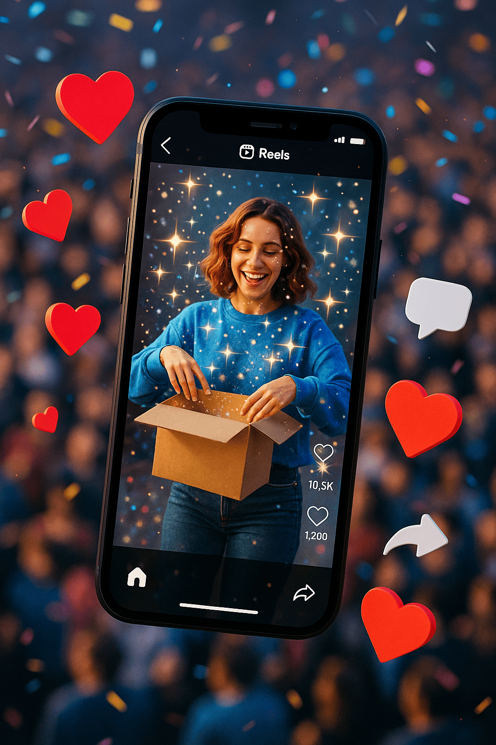 A dynamic visual showing a smartphone screen displaying an Instagram Reel in action. Include floating like hearts, comment bubbles, and shares icons to represent engagement. The reel content can feature a trendy, fast-paced video (e.g., a product unboxing or a creator dancing) overlaid with AR effects like sparkles and filters. The background should feature a blurred audience and digital confetti to signify viral success.