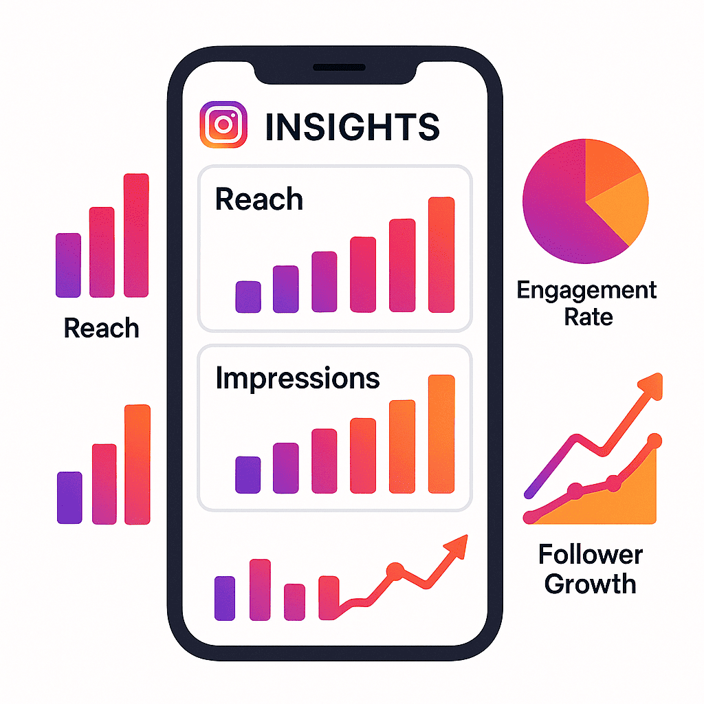 An engaging infographic-style image showcasing Instagram Insights data. Include stylized graphs showing reach, impressions, engagement rate, and follower growth over time. Use icons like bar graphs, pie charts, and line graphs overlaid on a stylized smartphone screen displaying Instagram analytics. Color palette: clean whites with vibrant pops of Instagram’s signature colors (pink, purple, orange). Include labels and metric names for clarity.