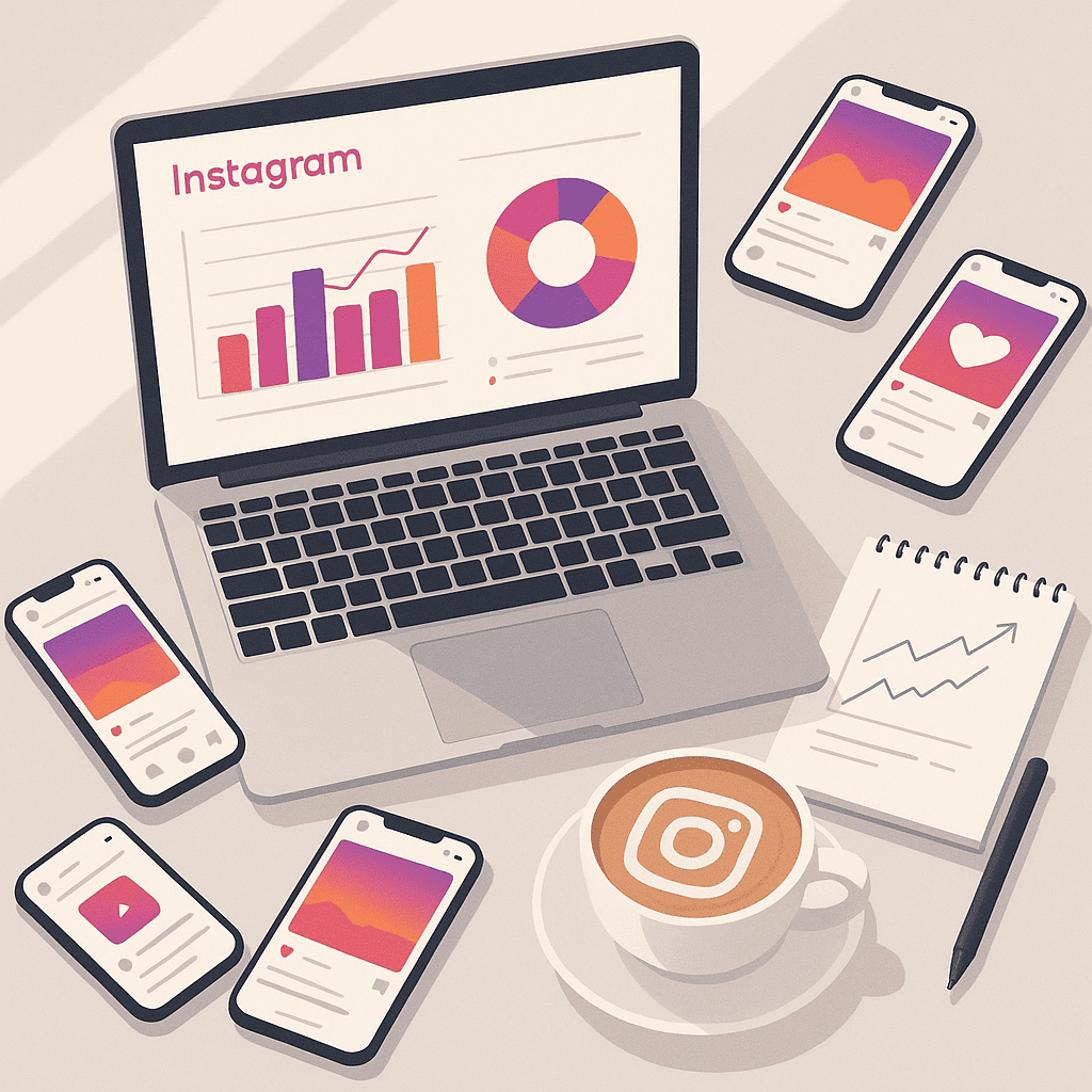 A modern, sleek workspace scene from a bird’s-eye view: a laptop displaying an Instagram analytics dashboard with colorful graphs (bar, line, pie), surrounded by scattered smartphone mockups showing Instagram posts, a notepad with scribbled growth charts, a cup of latte with latte art shaped like the Instagram logo, and soft natural light casting gentle shadows—digital art, minimalistic flat design style with pops of Instagram’s signature gradient (purple–pink–orange), high resolution.