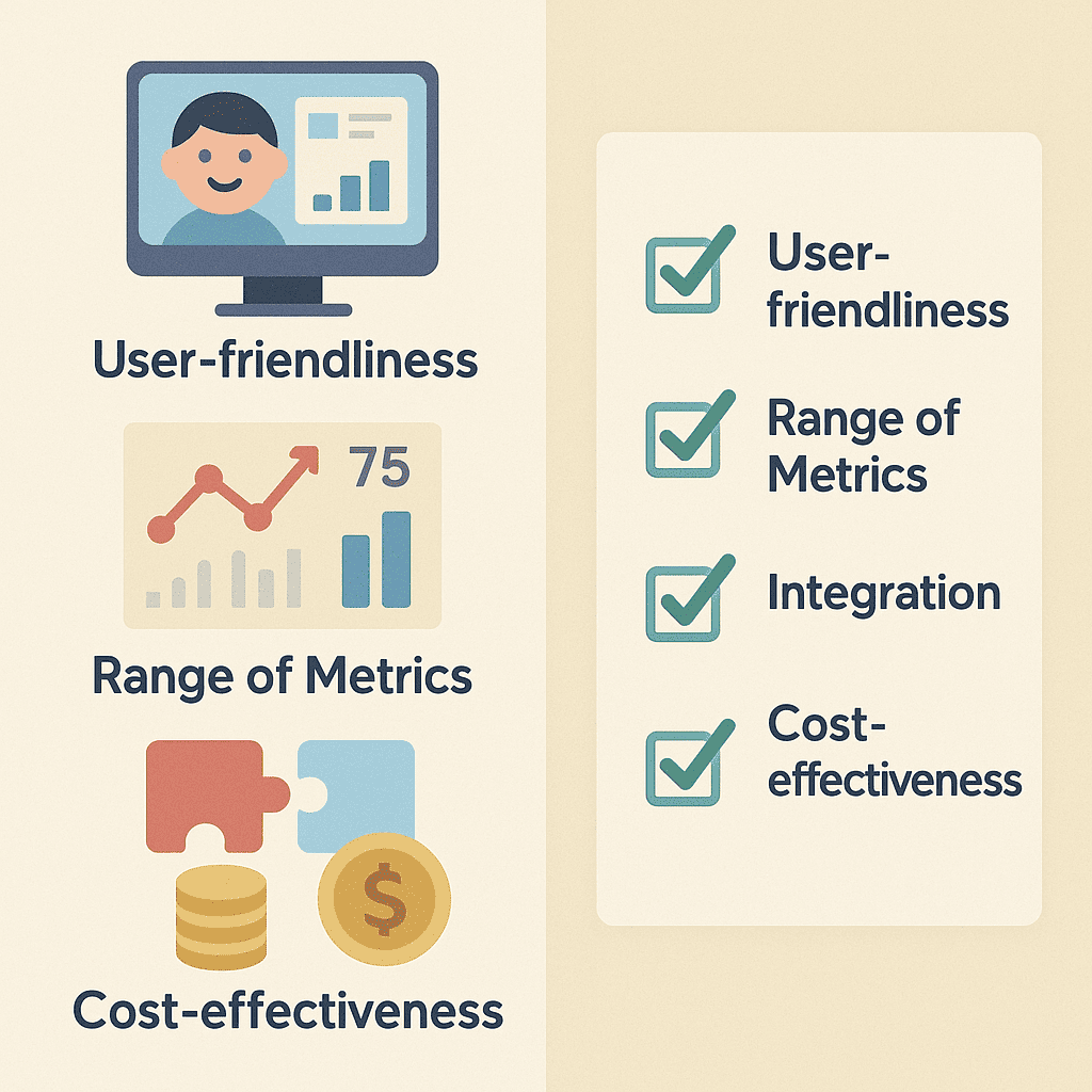 A split-screen infographic: on the left, icons for User-friendliness (smiling user at a clean dashboard), Range of Metrics (graphs and numbers), Integration (puzzle pieces fitting), Cost-effectiveness (coin stack and dollar sign); on the right, a checklist with each item ticked—flat iconography with a pastel palette and subtle drop shadows, infographic style.