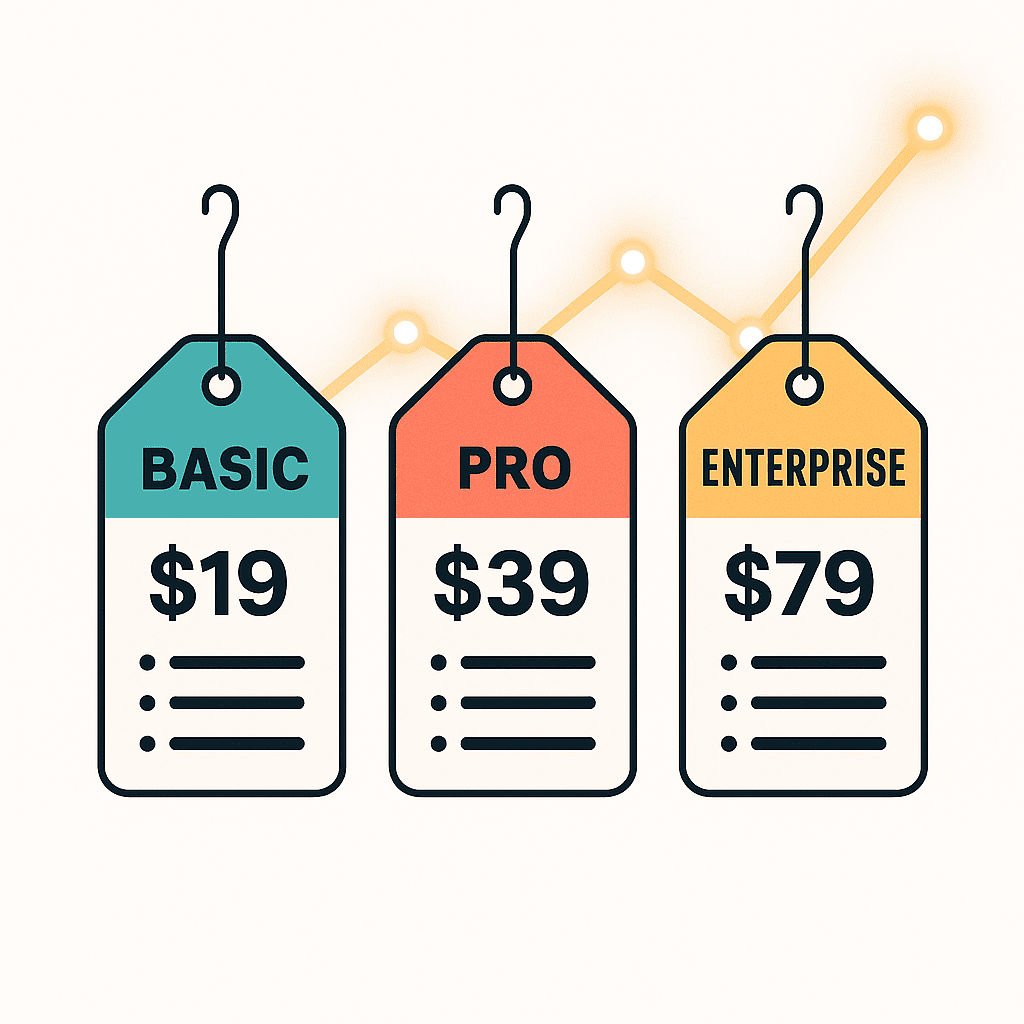 Three price-tag shaped charts hanging from illustrated hooks against a clean white background: each tag labelled ‘Basic’, ‘Pro’, ‘Enterprise’, with tier prices and bullet-point features listed; a glowing line graph subtly rising behind—modern flat-lay infographic with bold typography and accent colors (teal, coral, mustard).