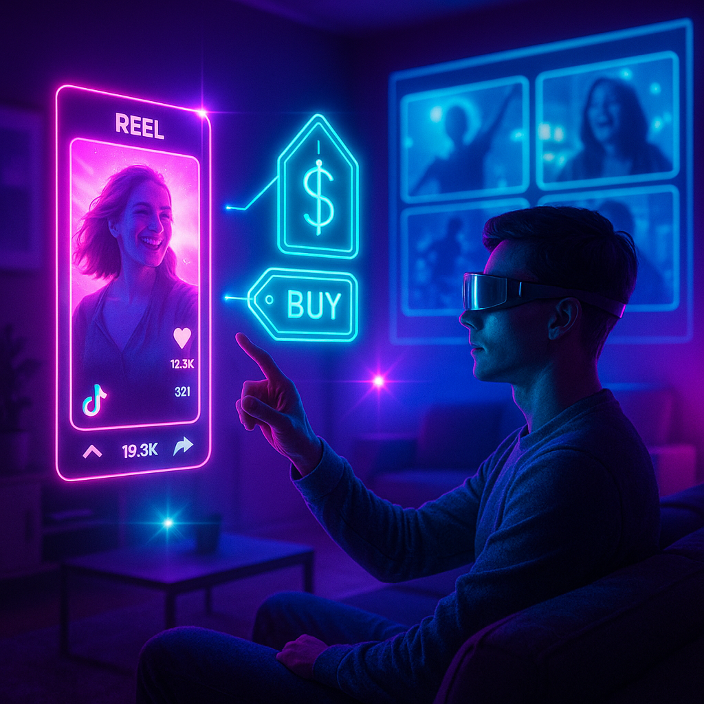 A futuristic living room lit by neon purple and teal, where a person wearing sleek AR glasses reaches out to tap floating holographic TikTok reels and 3D shopping tags. In the background, a wall-sized transparent screen shows clips playing in sync. Rendered in high-contrast, slightly cyberpunk style with lens flares and glowing UI elements.