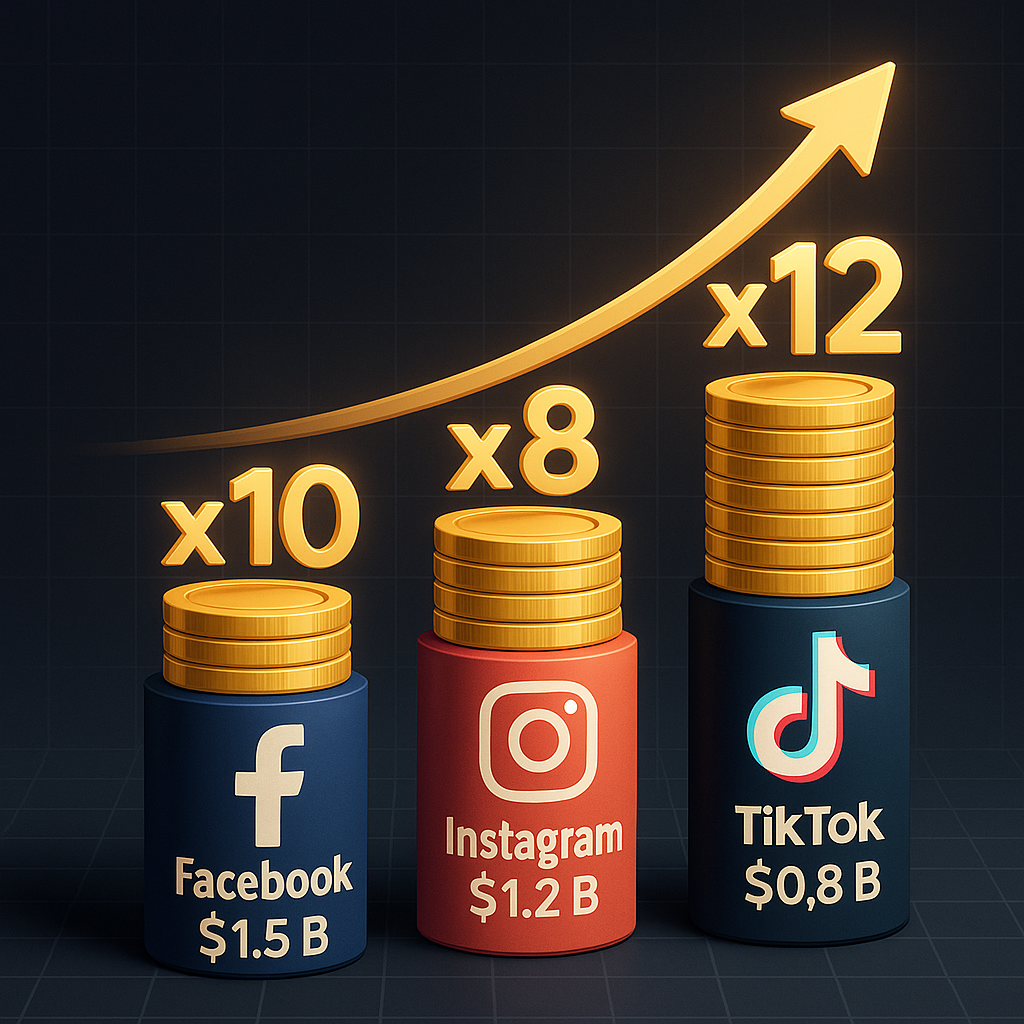 A bar-graph scene where gold coin stacks (labeled “Facebook $1.5 B,” “Instagram $1.2 B,” “TikTok $0.8 B”) sit atop stylized platform logos. Next to each, a gleaming “×10,” “×8,” “×12” multiplier floating above. The bars are 3D cylinders, the background is a sleek dark gradient with gridlines, and a rising arrow curves across the scene to indicate growth.