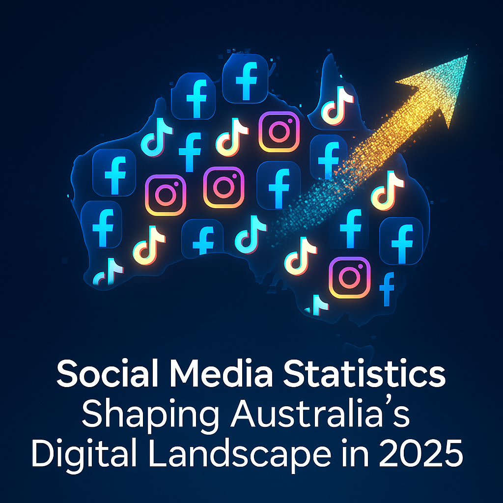 A widescreen banner styling: a stylized map of Australia made of interlocking social-media icons (Facebook “f,” Instagram camera, TikTok note), each glowing in its brand color. Overlaid is a dynamic, upward-sweeping arrow composed of pixel-particles transitioning from left to right. In the foreground, the title “Social Media Statistics Shaping Australia’s Digital Landscape in 2025” in sleek, modern typography. The overall palette combines deep navy with electric cyan, magenta, and gold accents, evoking innovation and growth.