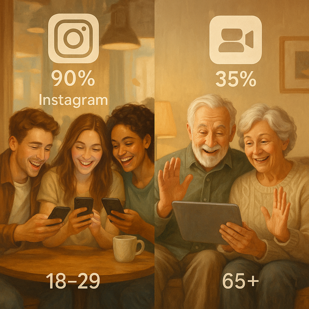 A split-scene illustration: left half shows young adults (18–29) sitting in a café, laughing and scrolling Instagram on smartphones; right half shows an older couple (65+) on a cozy couch using a tablet to video-call family. Above each group, floating semi-transparent icons indicating platform names and usage percentages (“90%,” “35%”). The style is warm, semi-realistic digital painting with muted pastels.
